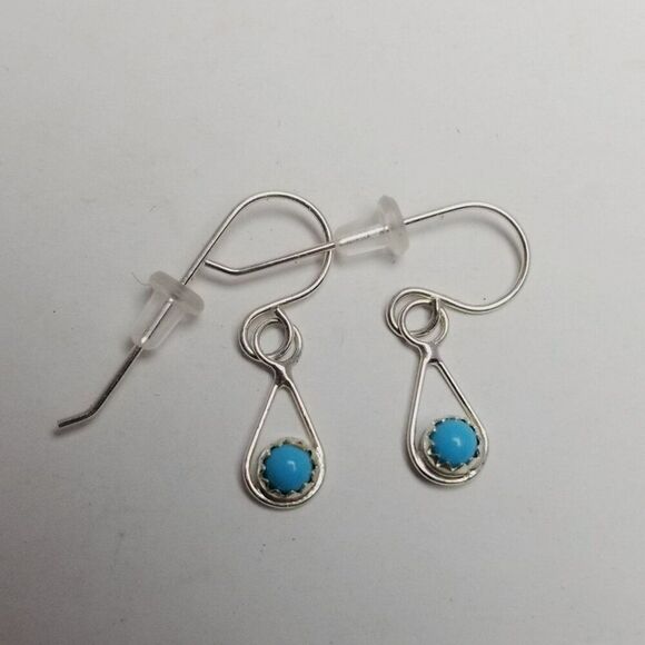 Vintage Blue Cabochon Small Dangle Earrings, Silver Tone Setting, Estate - Picture 6 of 6